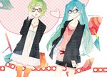  adjusting_eyewear aqua_eyes aqua_hair bespectacled blazer bracelet envelope fountain_pen glasses green_eyes green_hair gumi hand_in_pocket hatsune_miku heart heart_of_string jacket jewelry long_hair mig_(36th_underground) multiple_girls necklace open_mouth orange_legwear pen pencil ruler short_hair skirt smile thighhighs twintails vocaloid 