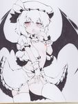  areola_slip areolae bat_wings censored collar garter_belt hat monochrome no_bra okiraku_nikku panties panty_pull red_eyes remilia_scarlet revealing_clothes shikishi short_hair skirt solo string_panties thighhighs touhou traditional_media underwear wings wrist_cuffs 