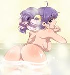  ahoge anus armpits ass back bangs bath bathing bent_over breasts convenient_censoring crescent crescent_hair_ornament earrings elbow_rest fat_mons from_behind hair_ornament hair_up jewelry large_breasts looking_at_viewer looking_back nada_haruka nipples nude open_mouth patchouli_knowledge profile pubic_hair purple_eyes purple_hair pussy solo steam stud_earrings touhou towel water wet 