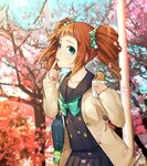  bag blue_eyes brown_hair cherry_blossoms coat crumbs eating finger_to_mouth fish food frog hair_ribbon hitoto idolmaster idolmaster_(classic) licking lips musical_note ribbon satchel school_uniform serafuku solo taiyaki takatsuki_yayoi tongue tree twintails wagashi 