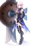  1girl armored_boots armored_leotard black_legwear black_leotard boa_sorte boots breasts breasts_apart eyebrows_visible_through_hair fate/grand_order fate_(series) faulds floating_hair full_body gloves hair_between_eyes highres holding holding_shield holding_sword holding_weapon leotard looking_at_viewer mash_kyrielight medium_breasts pink_hair shield shiny shiny_clothes shiny_hair short_hair simple_background smile solo standing sword thighhighs weapon white_background yellow_eyes 