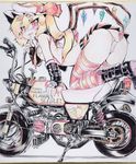  ass bare_shoulders bent_over blonde_hair blush colored_pencil_(medium) colorized contemporary flandre_scarlet ground_vehicle hat heart maebari motor_vehicle motorcycle no_panties okiraku_nikku red_eyes revealing_clothes shikishi side_ponytail sketch skirt smile solo striped striped_legwear thighhighs touhou traditional_media underwear wings 