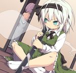  back blue_eyes crossed_legs door dress_shirt ghost hairband hitodama konpaku_youmu konpaku_youmu_(ghost) multiple_girls no_hat no_headwear noya_makoto pink_hair saigyouji_yuyuko scabbard sheath sheathed shirt short_hair silver_hair sitting skirt tabi touhou transparent undressing vest white_legwear wooden_floor 