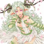  animal_ears bad_id bad_pixiv_id bell branch breasts cleavage detached_sleeves eyebrows goat_eyes green_hair horns ichinose777 long_hair messy_hair monster_girl original plant red_eyes robe sheep_girl small_breasts solo thighhighs vines 