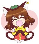  :d ^_^ animal_ears bow brown_hair cat_ears cat_tail chen closed_eyes fang hat jewelry multiple_tails nagamo_sakana open_mouth single_earring smile solo tail touhou 