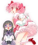  :3 :d akemi_homura bad_id bad_pixiv_id bow braid bubble_skirt glasses gloves hairband heart heart-shaped_pupils highres kaname_madoka koruri kyubey long_hair magical_girl mahou_shoujo_madoka_magica multiple_girls open_mouth pink_hair purple_eyes red-framed_eyewear red_eyes skirt smile symbol-shaped_pupils twintails white_gloves 