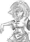  bad_id bad_pixiv_id breasts greyscale hat kikiriri looking_at_viewer medium_breasts miyako_yoshika monochrome open_mouth outstretched_arms sharp_teeth short_hair simple_background smile solo teeth tongue touhou white_background 