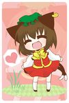  :d ^_^ animal_ears cat_ears cat_tail chen chibi closed_eyes dress fang hat heart jewelry multiple_tails nagamo_sakana open_mouth single_earring smile solo spoken_heart standing tail touhou 