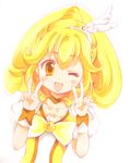  ;d blonde_hair blush bow brown_choker chibitan choker cure_peace double_v eyelashes hair_flaps hair_ornament kise_yayoi long_hair magical_girl one_eye_closed open_mouth precure skirt smile smile_precure! solo upper_body v white_background wrist_cuffs yellow yellow_bow yellow_eyes yellow_skirt 