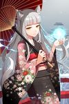  animal_ears bangs blunt_bangs electricity floral_print gilse henlifei japanese_clothes kimono light_smile long_hair looking_at_viewer obi orb oriental_umbrella sash silver_hair snow solo sword_girls tail umbrella wolf_ears wolf_tail yellow_eyes 