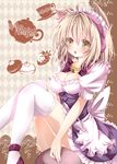  alternate_costume apron bell bell_collar breasts brown_eyes brown_hair cleavage collar cup earmuffs enmaided food fruit holding maid maid_headdress medium_breasts nanase_nao open_mouth shoes short_hair snack solo strawberry teacup teapot thighhighs touhou toyosatomimi_no_miko tray waist_apron white_legwear 