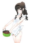  amagami apron blush brown_eyes brown_hair fish hairband long_hair morishima_haruka naked_apron pot rikkukku smile solo stew 