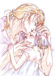  1girl age_difference bare_shoulders blonde_hair blush child closed_eyes color_trace colored_pencil_(medium) couple dress face facial_hair hand_on_another's_face hands hetero holding hug nishida_asako original ponytail short_hair size_difference sketch sleeping strap_slip traditional_media 
