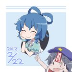  :o ^_^ blue_hair chibi closed_eyes expressive_clothes hat highres kaku_seiga miyako_yoshika multiple_girls ofuda open_mouth outstretched_arms smile touhou yamabuki_(yusuraume) zombie_pose |_| 