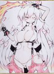  adapted_costume areola_slip areolae arm_up ass_visible_through_thighs blush bow breasts cleavage colored_pencil_(medium) colorized covered_nipples fingerless_gloves fire fujiwara_no_mokou gloves groin hair_bow large_breasts long_hair no_bra okiraku_nikku one_eye_closed panties red_eyes revealing_clothes shikishi side-tie_panties smile solo string_panties suspenders touhou traditional_media underwear very_long_hair white_panties 
