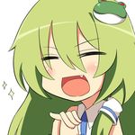  :d =_= bad_id bad_pixiv_id blush closed_eyes fang hands_clasped kikiriri kochiya_sanae long_hair open_mouth own_hands_together simple_background smile solo sparkle touhou v-shaped_eyebrows white_background 
