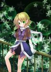  :&lt; arm_warmers blonde_hair blush danmaku dress green_eyes highres mizuhashi_parsee pointy_ears scarf snowcanvas solo touhou 