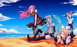 3girls aqua_eyes aqua_hair beach belt blonde_hair boots cloud cross-laced_footwear day detached_sleeves drinking_straw eyewear_on_head hair_ornament hair_ribbon hairclip hand_in_pocket hatsune_miku headphones highres kagamine_len kagamine_rin knee_boots lace-up_boots long_hair lying megurine_luka multiple_girls necktie ocean on_stomach open_mouth outdoors pink_hair renyu1012 ribbon shorts sitting skirt sky sunglasses thigh_boots thighhighs twintails very_long_hair vocaloid 