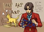  animalization barking brown_hair dog door emlan english facial_hair fate/zero fate_(series) gilgamesh goatee leash shaded_face tangle toosaka_tokiomi 