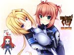  ahoge angry asymmetrical_docking blonde_hair blue_eyes blush bodysuit breast_press breasts chibi ellen_aice embarrassed forehead green_eyes hands_on_own_chest large_breasts looking_at_viewer miono_shizuku multiple_girls muvluv muvluv_alternative official_art oogami_ritsuko orange_hair pilot_suit ponytail purple_eyes red_eyes red_hair sayori small_breasts smile two_side_up 