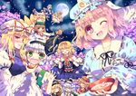  ^_^ alice_margatroid blonde_hair blue_hair blush bow brown_eyes capelet chen cherry_blossoms closed_eyes cup drunk everyone full_moon green_eyes hair_bow hair_ribbon hairband hat hazakura_satsuki instrument keyboard_(instrument) konpaku_youmu lavender_hair letty_whiterock lily_white long_hair lunasa_prismriver lyrica_prismriver merlin_prismriver moon multiple_girls night night_sky open_mouth outstretched_arms perfect_cherry_blossom pink_eyes pink_hair purple_eyes ribbon saigyouji_yuyuko sakazuki shanghai_doll short_hair siblings sisters skirt sky smile touhou trumpet violin white_hair wide_sleeves yakumo_ran yakumo_yukari 