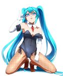  aqua_eyes aqua_hair bare_shoulders bespectacled detached_collar elbow_gloves fishnet_pantyhose fishnets glasses gloves hatsune_miku highres leotard long_hair long_legs looking_at_viewer pantyhose solo twintails umakatsuhai very_long_hair vocaloid 