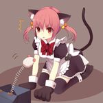  1girl animal_ears bad_id bad_pixiv_id cat_ears cat_paws cat_tail gloves hair_bobbles hair_ornament jack-in-the-box kneeling maid nekomo original paw_gloves paws pink_eyes pink_hair solo tail thighhighs twintails 