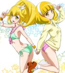  :d ass bikini blonde_hair blush boots cure_peace dual_persona green_bikini hair_flaps hair_ornament hairband holding_hands kise_yayoi looking_at_viewer marugoshi_teppei multiple_girls necktie no_pants open_mouth precure shoes short_hair side-tie_bikini simple_background smile smile_precure! star sweater swimsuit twisted_torso v white_hairband yellow_eyes 