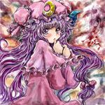  bow crescent dress hair_bow hat long_hair nanashii_(soregasisan) patchouli_knowledge purple_dress purple_eyes purple_hair solo touhou 