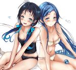  1girl bangs black_panties blue_eyes blue_hair blush bra breasts cleavage commentary_request eyebrows_visible_through_hair eyes_closed gradient_hair grin hair_ornament_removed heart highres kantai_collection leaning_forward long_hair looking_at_viewer low_twintails multicolored_hair navel on_bed open_mouth panties rizzl samidare_(kantai_collection) signature simple_background sitting sitting_on_bed sleepwear small_breasts smile stomach suzukaze_(kantai_collection) swept_bangs thighs twintails underwear underwear_only very_long_hair white_background yellow_bra yellow_panties 