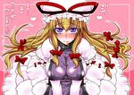  blonde_hair blush bow breasts covered_nipples dress hair_bow hat heart large_breasts long_hair looking_at_viewer mouth_hold purple_eyes sako_(bosscoffee) solo touhou translation_request very_long_hair yakumo_yukari 
