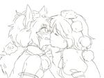  !? 2girls animal_ears bare_shoulders blush chin_tickle closed_eyes detached_sleeves duplicate embarrassed greyscale hat imminent_kiss inubashiri_momiji meeko monochrome multiple_girls pom_pom_(clothes) profile shameimaru_aya short_hair short_sleeves sketch tail tokin_hat touhou white_background wolf_ears wolf_tail yuri 