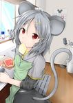  animal_ears apron bread calendar_(object) cheese ebi_senbei food grey_hair hair_ornament hairpin jewelry mouse mouse_ears mouse_tail mouth_hold nazrin pendant red_eyes short_hair silver_hair skirt skirt_set smile solo tail touhou 
