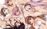  armpits arms_up black_hair blue_eyes bra breasts brown_eyes brown_hair face flat_chest frills hair_ribbon hamashima_shigeo hands highres lingerie long_hair medium_breasts multiple_girls open_mouth original outstretched_arms panties pink_hair purple_eyes purple_hair ribbon short_hair small_breasts smile underwear underwear_only wallpaper white_bra 