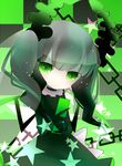  black_hair black_rock_shooter bracelet bridal_veil cellphone chain chibi choker claws dead_master dress glowing glowing_eyes green_eyes horns jewelry kyuri_tizu phone solo star veil wavy_mouth 