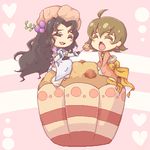  ahoge annie_barrs black_hair brown_hair closed_eyes earrings feeding food fruit grapes hat hilda_rhambling jewelry long_hair lowres minigirl muffin multiple_girls oekaki open_mouth pants pink_background short_hair shou_(aronia) sitting tales_of_(series) tales_of_rebirth very_short_hair 