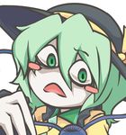  angry annoyed blush green_eyes green_hair hat komeiji_koishi monopollyan parody short_hair solo style_parody third_eye touhou 