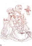  alice_margatroid bespectacled book buttons doll fingers glasses hair_over_one_eye hairband hat highres kirisame_marisa meeko monochrome multiple_girls open_mouth patchouli_knowledge pointing profile sketch smile touhou 