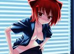  animal_ears bend_over blue_shirt blush breasts cat_ears cleavage dressing neko-chan no_bra open_clothes open_shirt panties panty_hose pantyhose photoshop red_eyes red_hair shirt surprised underwear 