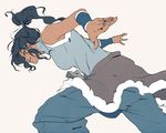  action avatar_(series) bad_id bad_tumblr_id bare_shoulders black_hair clothes_around_waist dark_skin foreshortening goni_montes hair_tubes halterneck hands jacket_around_waist korra long_hair perspective simple_background solo the_legend_of_korra topknot vambraces 