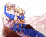  1girl artoria_pendragon_(all) bad_id bad_pixiv_id blonde_hair bracelet crown fate/stay_night fate_(series) gilgamesh green_eyes hair_ribbon iroha_(shiki) jewelry open_mouth red_eyes ribbon saber short_hair wreath 