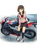  aprilia backpack bag bow brown_hair car cellphone cellphone_charm cup disposable_cup drinking_straw engine ground_vehicle hair_ornament highres loafers motor_vehicle motorcycle munakata_(hisahige) phone school_uniform shoes watch 