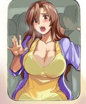  against_glass blush breast_press breasts breasts_on_glass brown_eyes brown_hair cleavage curvy interlude large_breasts long_hair marufuji_izumi open_mouth tank_top tsuda_nanafushi 