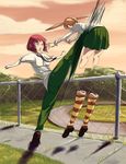  2girls amputee angry blonde_hair cloud fence from_behind green_eyes ibarazaki_emi katawa_shoujo kicking kneehighs multiple_girls necktie ouch pain prosthesis red_hair school_uniform shoes skirt solidcow speed_lines tezuka_rin twintails violence 