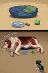  animal animalization ball bowl character_name comic dog dog_biscuit drooling emlan fate/zero fate_(series) no_humans pet_bed pet_bowl pillow rider_(fate/zero) size_difference sleeping sparkle tennis_ball waver_velvet zzz 