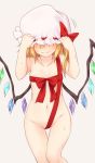  1girl blonde_hair bow breasts collarbone commentary_request crystal facing_viewer feet_out_of_frame flandre_scarlet grey_background groin hair_over_eyes hands_up hat hat_bow hat_tug long_hair miyo_(ranthath) mob_cap naked_ribbon navel nude one_side_up red_bow red_ribbon ribbon simple_background small_breasts solo standing stomach sweat thighs touhou white_hat wings 