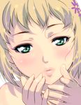  bad_id bad_pixiv_id bare_shoulders blonde_hair blush close-up face flower green_eyes hair_ornament hairclip hands huang_baoling lips masao parted_lips short_hair solo tiger_&amp;_bunny 