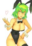  animal_ears bare_shoulders black_legwear black_leotard blush bow bowtie breasts bunny_ears bunnysuit cleavage covered_nipples detached_collar green_hair groin hand_on_hip heart kazami_yuuka large_breasts leotard one_eye_closed red_eyes short_hair smile solo thighhighs touhou wrist_cuffs yuuji_(and) 