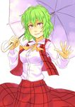  ascot green_hair kazami_yuuka pink_eyes plaid short_hair skirt smile solo touhou umbrella vest waving yuuji_(and) 