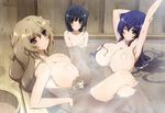  absurdres aoi_kimi arm_up armpits asama_tomo bathing black_eyes blue_hair blush breast_envy breasts bucket chibi cleavage flat_chest fujii_tomoyuki green_eyes highres honda_masazumi huge_breasts kyoukaisenjou_no_horizon long_hair looking_at_viewer minigirl multiple_girls non-web_source nude official_art one_eye_closed smile uzui_(horizon) very_long_hair water wet 